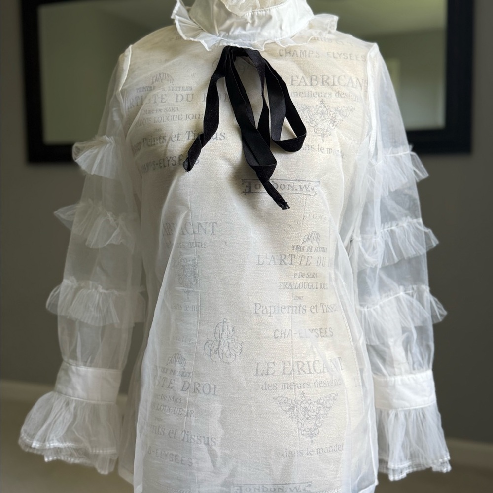 Madisonne White Sheer Ruffle Blouse with Black Velvet Tie – Size S